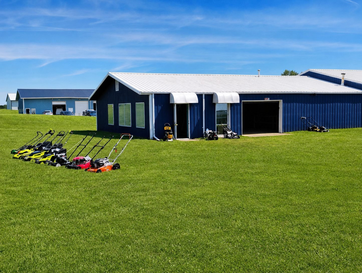 Dawson Small Engine Repair LLC shop building with mowers outside